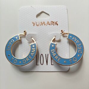 Yumark Dare To Dream Pale Blue Enamel Gold Tone Star Hoop Earrings NEW Lettering